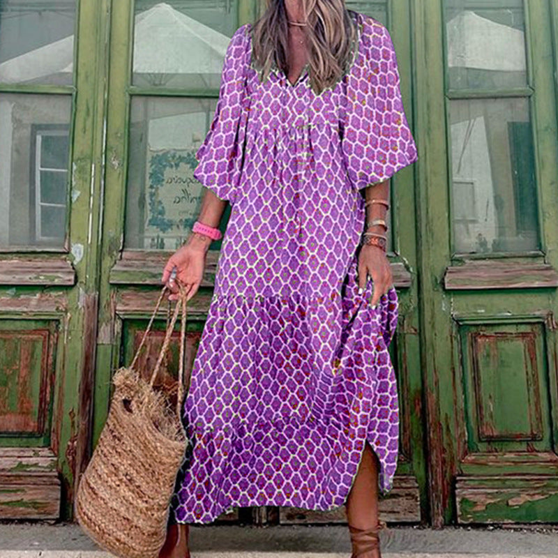 Women’s Vintage Printed Bohemian Maxi Dress – V-Neck Short Sleeve Summer Wear
