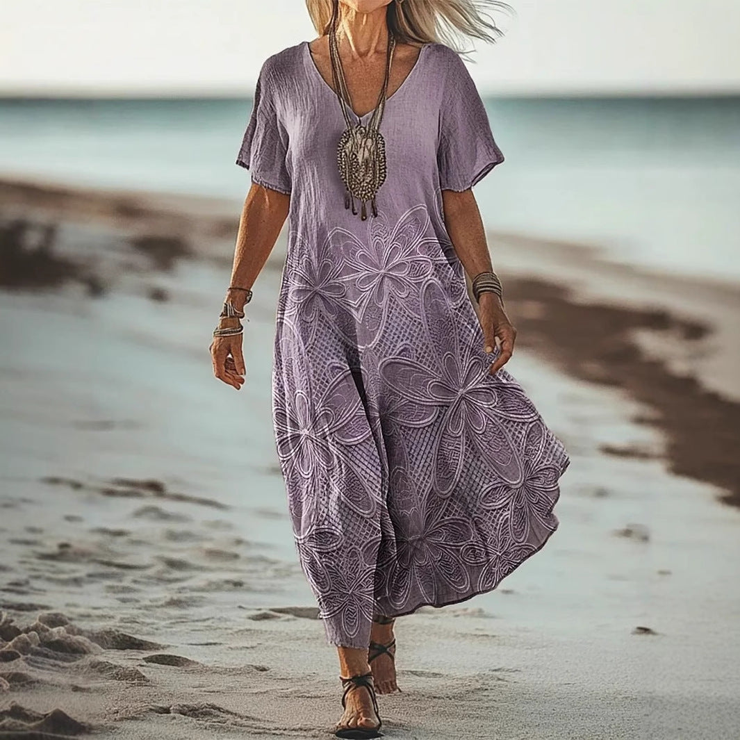 Women’s Floral V-Neck Dress – Creative Print Short Sleeve Style