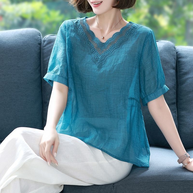 Women's Relaxed V-Neck Cotton - Linen Blend Top