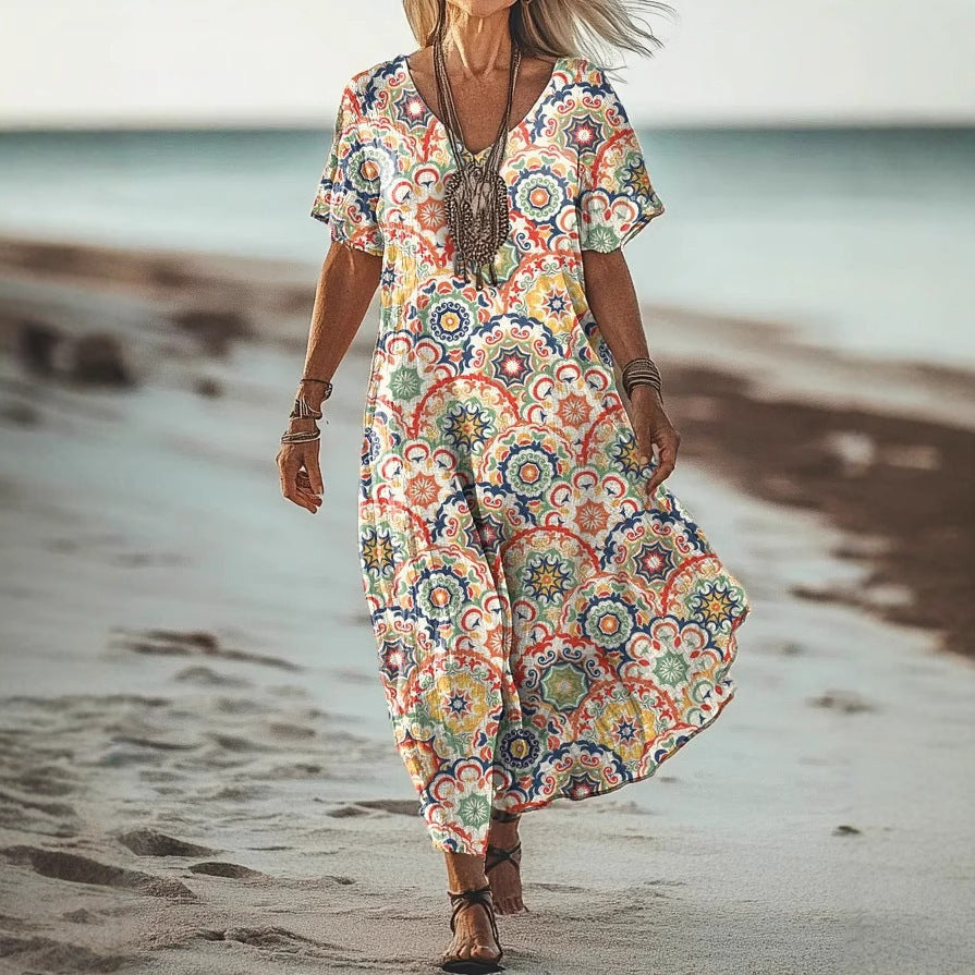 Women’s Floral V-Neck Dress – Creative Print Short Sleeve Style