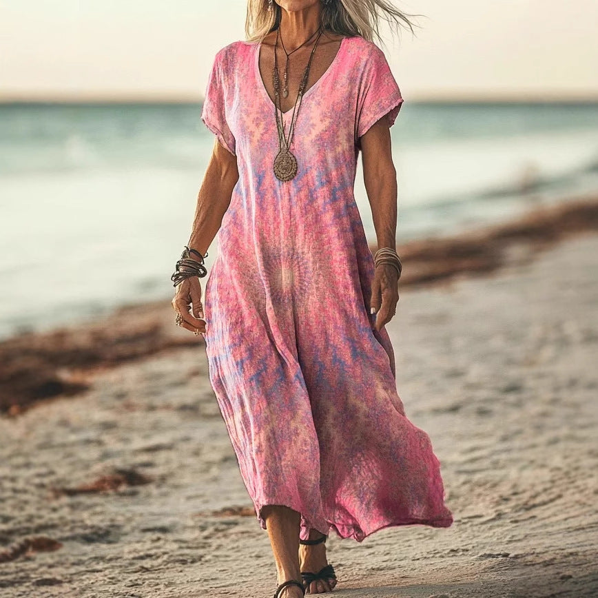Women’s Floral V-Neck Dress – Creative Print Short Sleeve Style