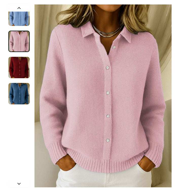 Women’s Casual Button-Up Knitted Lapel Sweater – Long Sleeve Winter Jumper