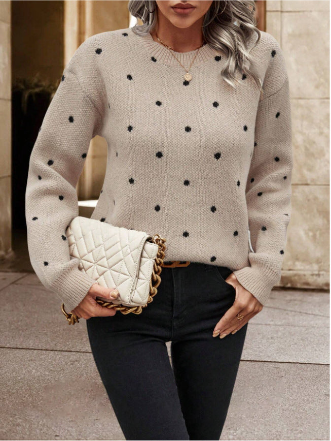 Women’s  Polka Dot Pullover Sweater – Casual Long-Sleeve Knitted Top