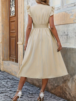 Women’s Elegant Solid Dress – Ruffle Cuff Sleeves & Defined Waist
