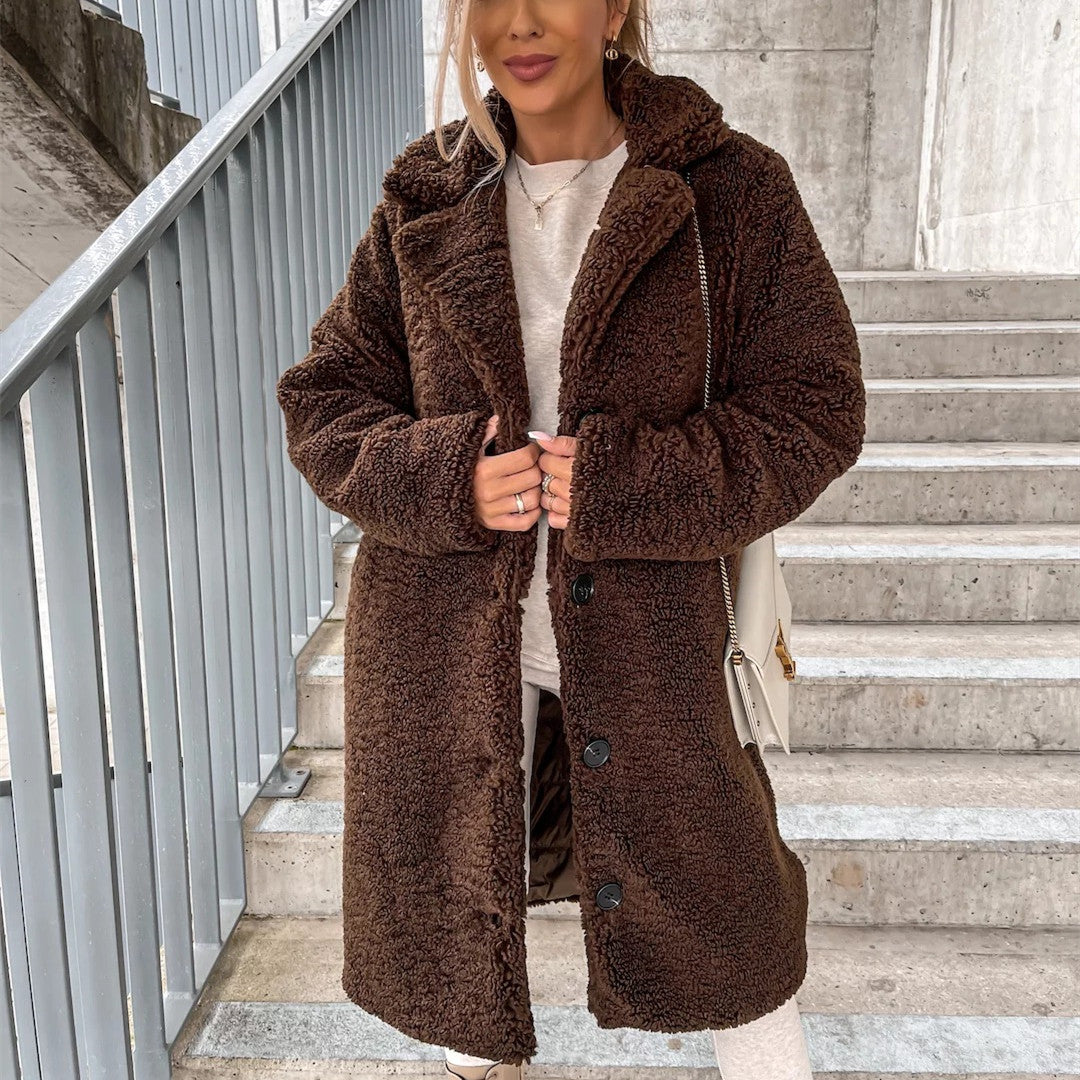Women’s Winter Long-Sleeve Lapel Plush Jacket – Warm Cozy Outerwear