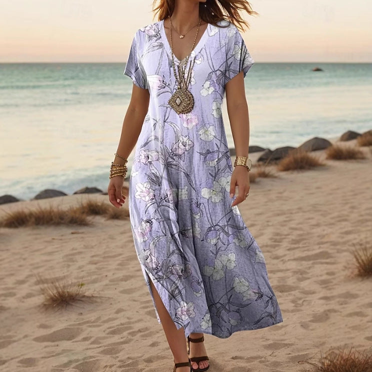 Women’s Floral V-Neck Dress – Creative Print Short Sleeve Style