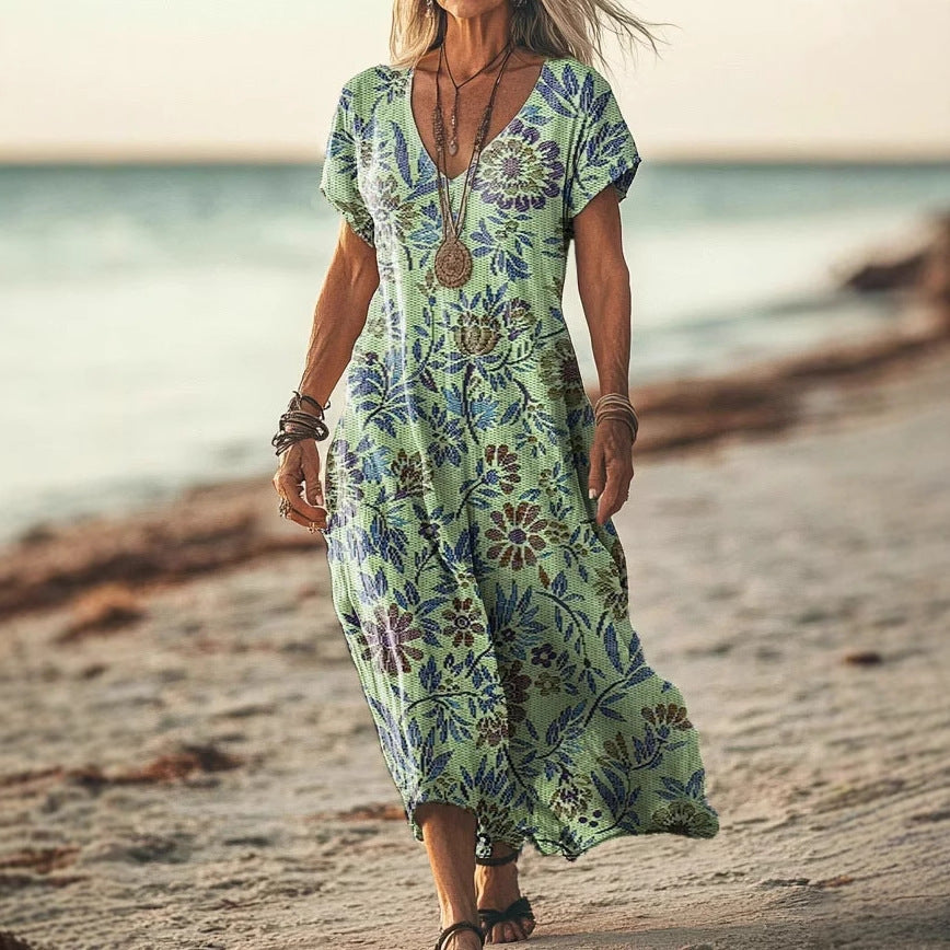 Women’s Floral V-Neck Dress – Creative Print Short Sleeve Style