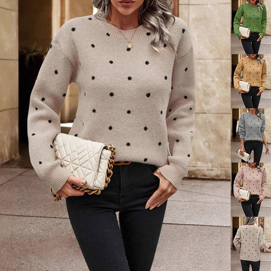 Women’s  Polka Dot Pullover Sweater – Casual Long-Sleeve Knitted Top