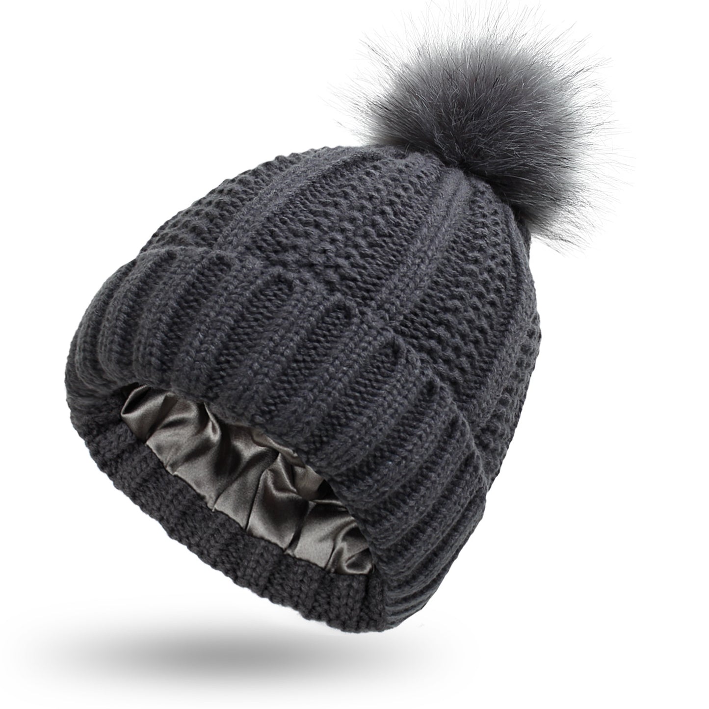 Women’s Winter Knitted Beanie Hat with Faux Fur Pom Pom – Warm Lined Stretch Fit