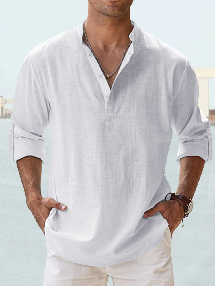 Men's Flax Collar Cotton/ Linen - Long Sleeve Shirt