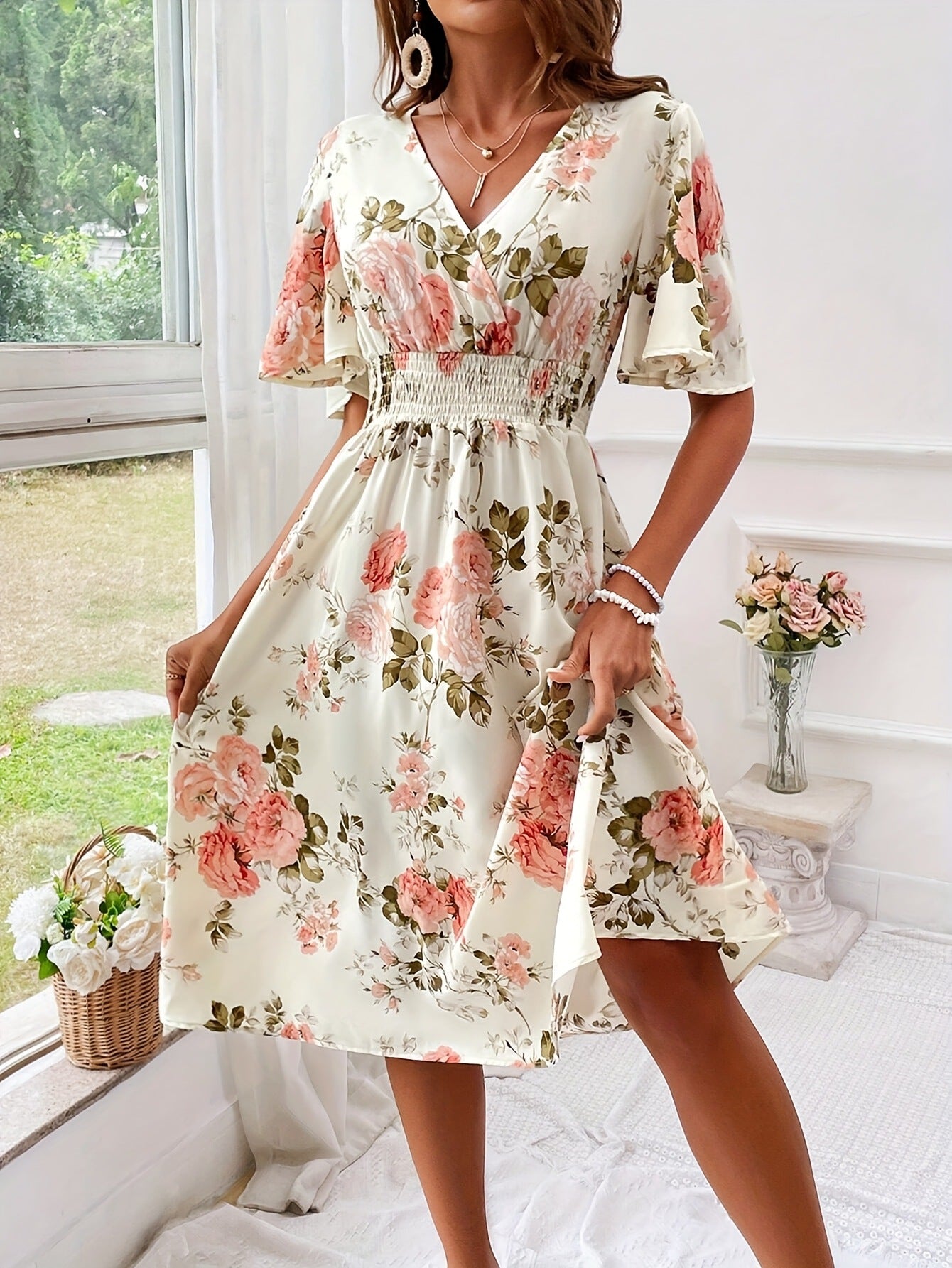Women’s Floral Print Smocked Belted Dress – Elegant Summer Style