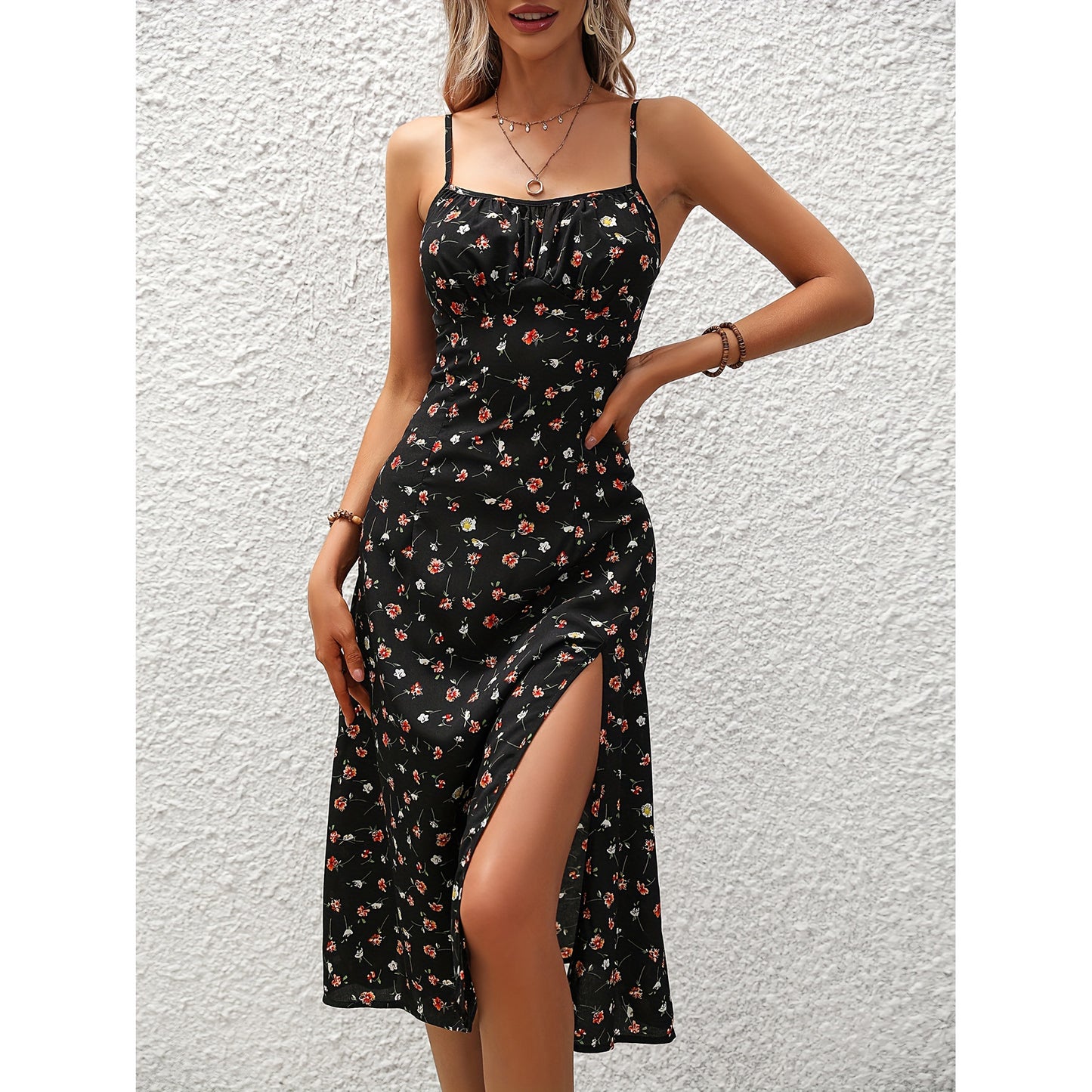 Women’s Polka Dot Suspender Maxi Dress – Split Summer Long Dress