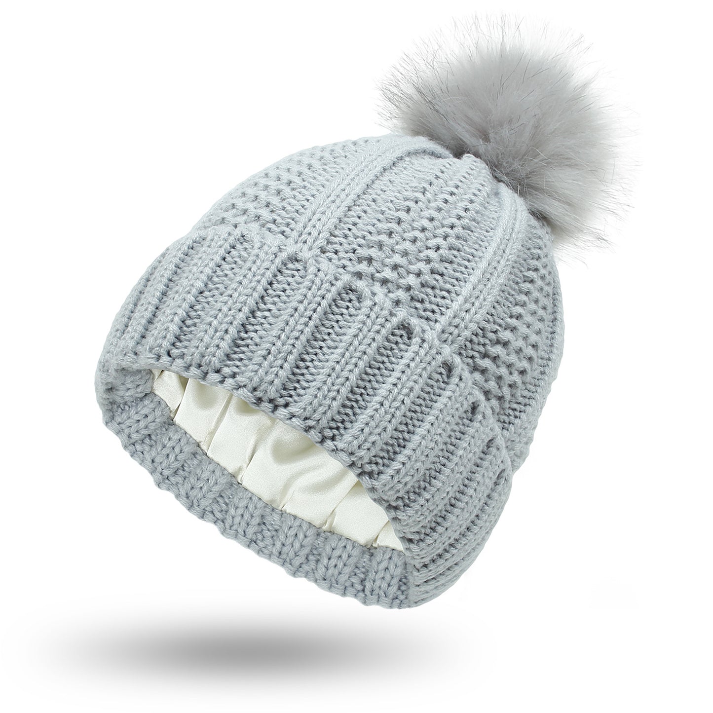 Women’s Winter Knitted Beanie Hat with Faux Fur Pom Pom – Warm Lined Stretch Fit