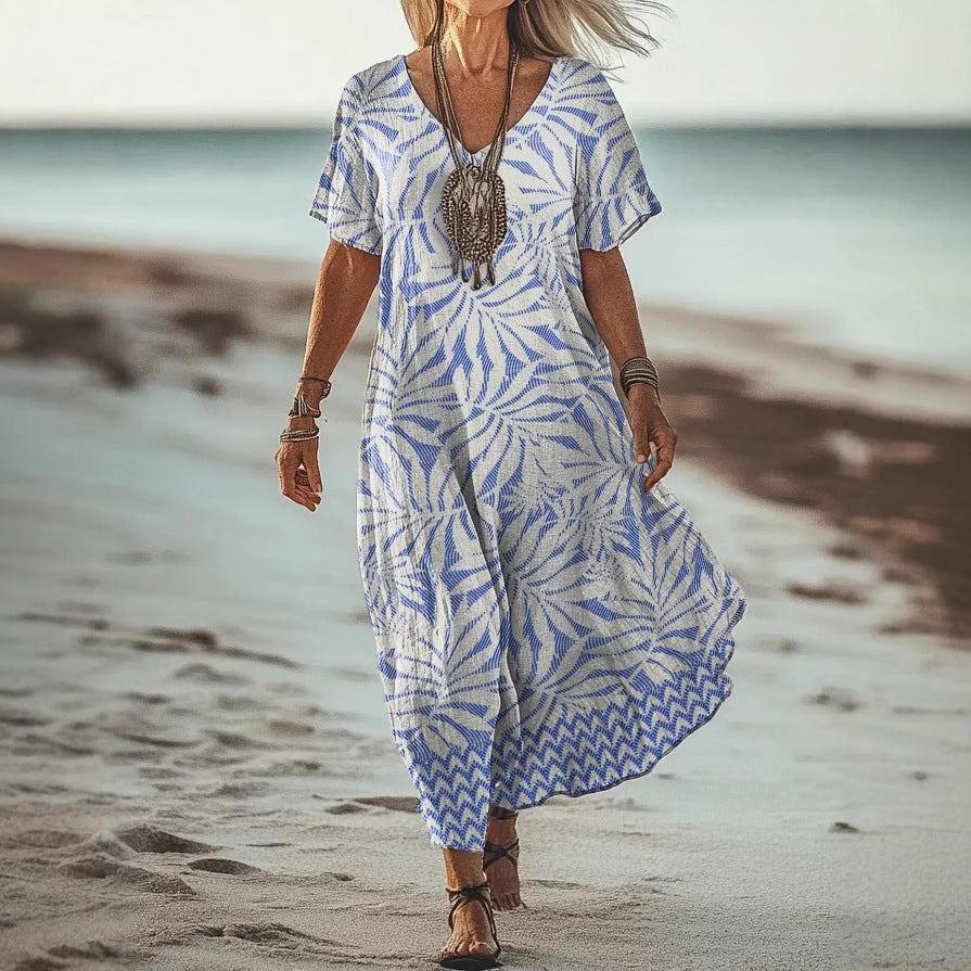 Women’s Floral V-Neck Dress – Creative Print Short Sleeve Style