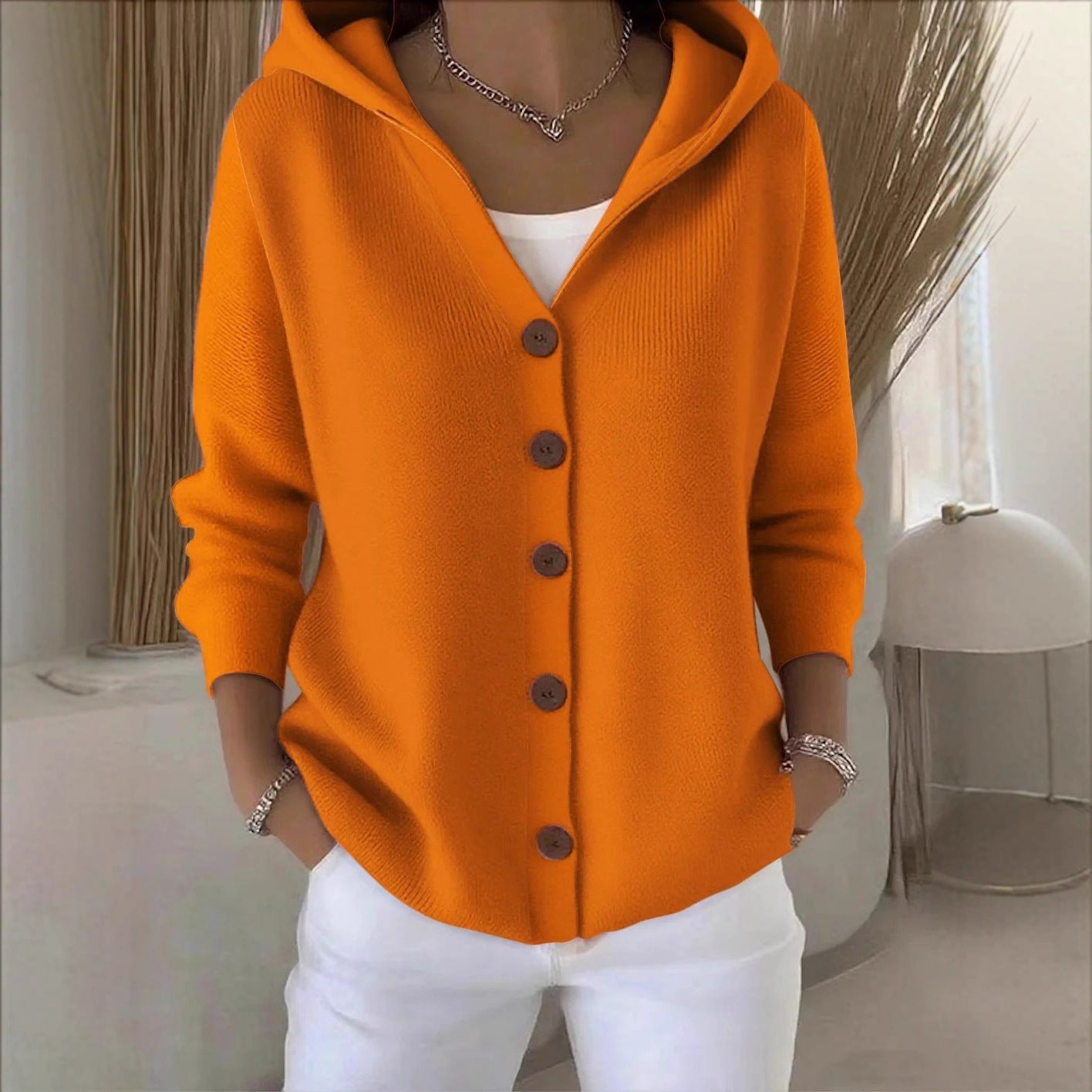 Women's Button-Front Knitted Hooded Cardigan