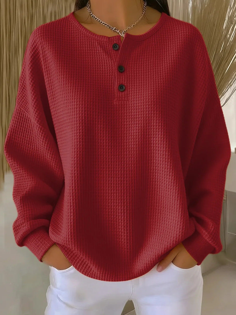 Women’s Waffle Knit Long-Sleeve Top – Solid Colour Button Round Neck Pullover