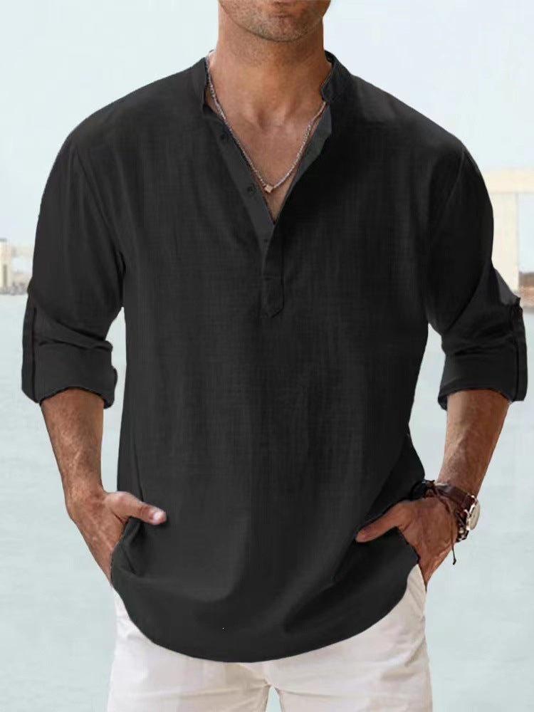Men's Flax Collar Cotton/ Linen - Long Sleeve Shirt