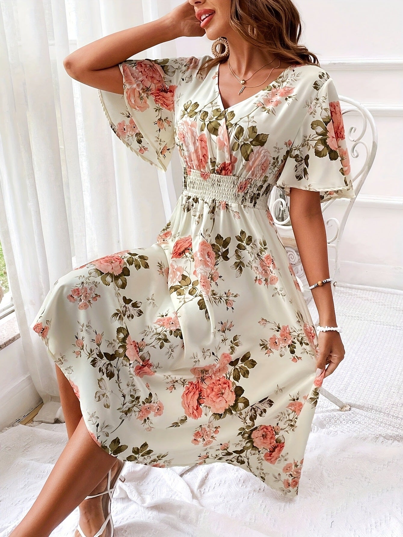 Women’s Floral Print Smocked Belted Dress – Elegant Summer Style