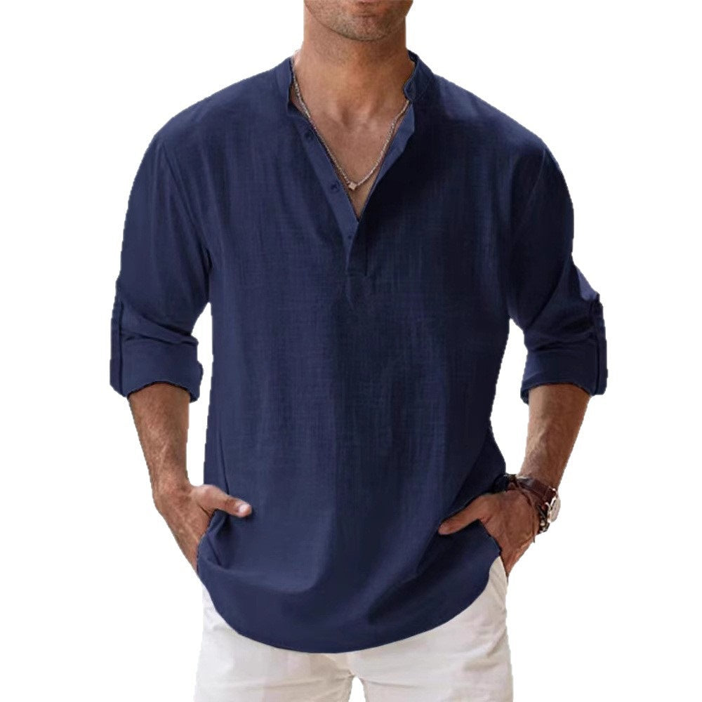 Men's Flax Collar Cotton/ Linen - Long Sleeve Shirt