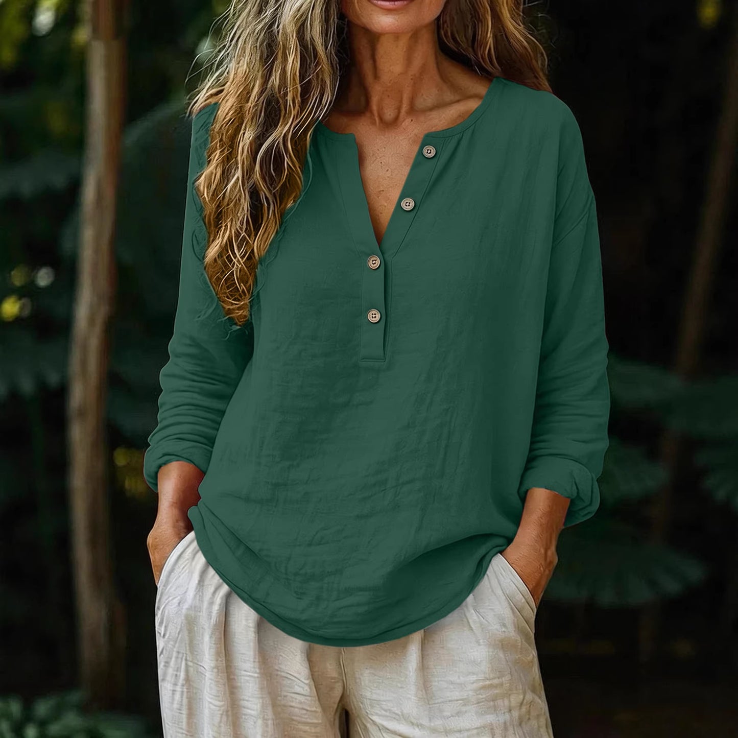 Women's Cotton Linen Casual Top  – Solid Color / V-Neck / Long Sleeve