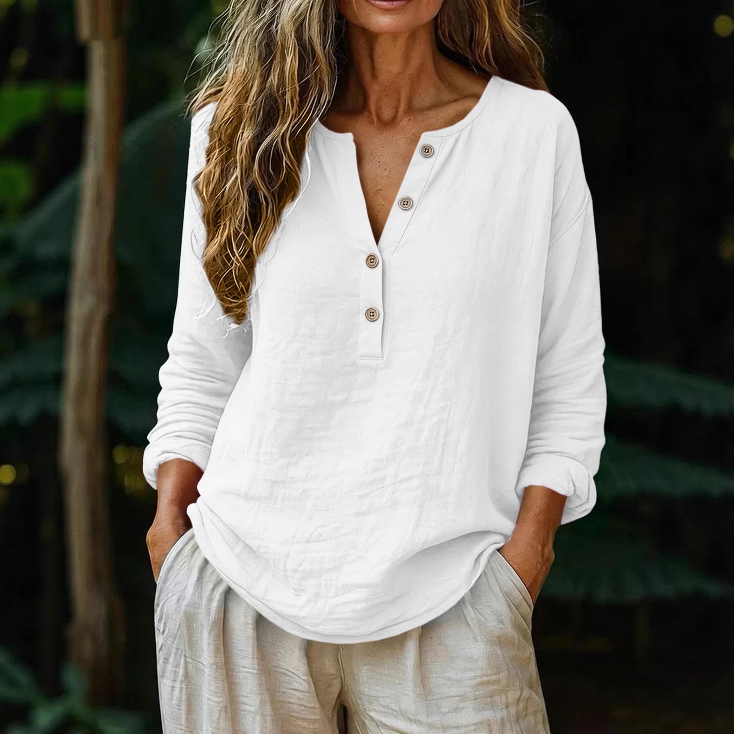 Women's Cotton Linen Casual Top  – Solid Color / V-Neck / Long Sleeve