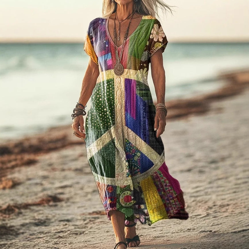 Women’s Floral V-Neck Dress – Creative Print Short Sleeve Style