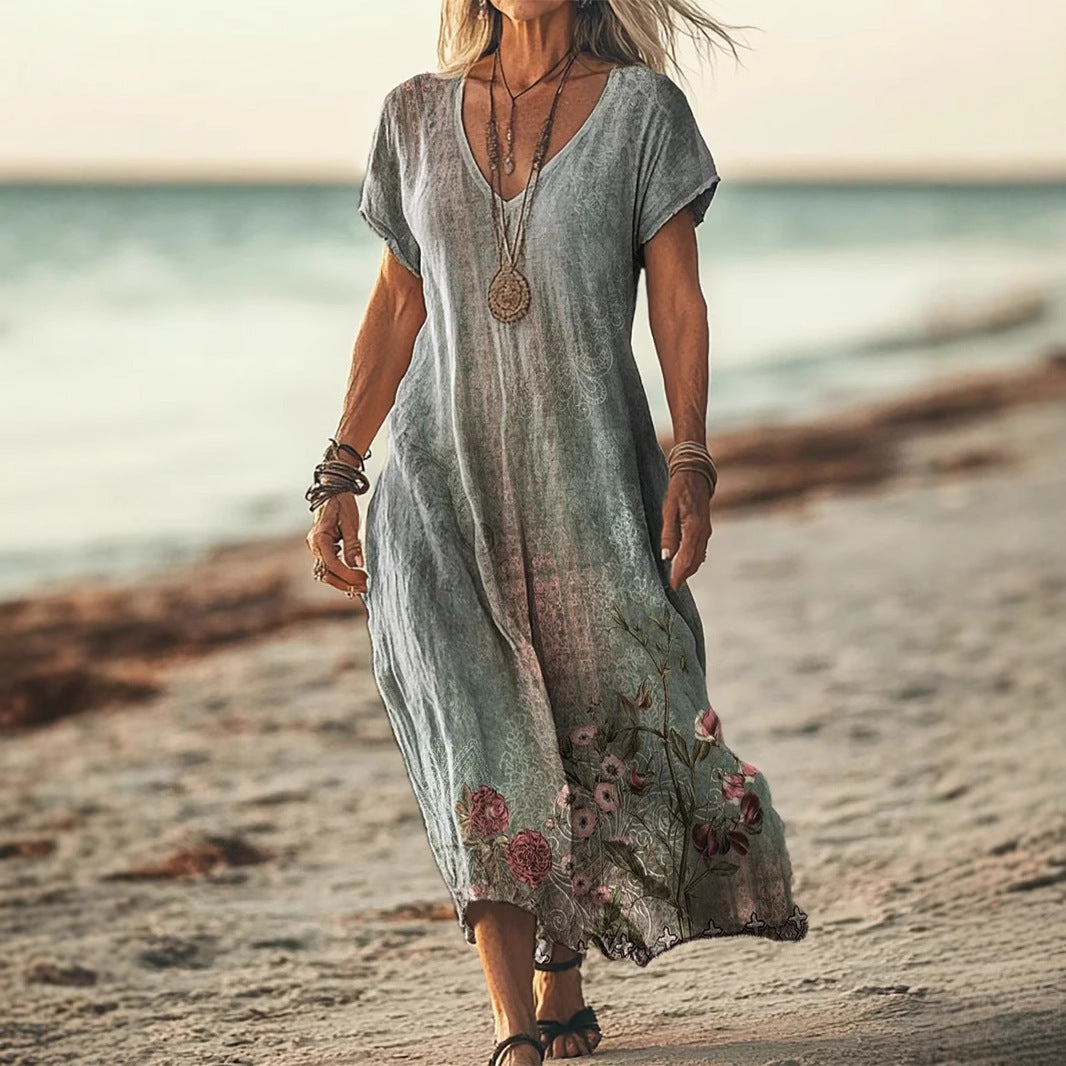 Women’s Floral V-Neck Dress – Creative Print Short Sleeve Style