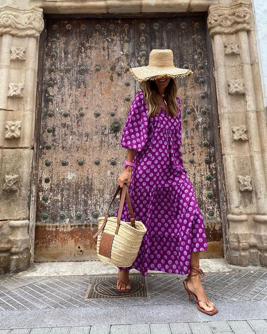 Women’s Vintage Printed Bohemian Maxi Dress – V-Neck Short Sleeve Summer Wear