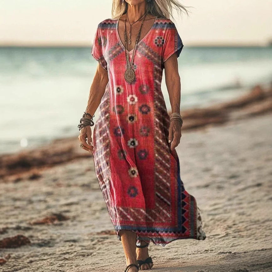 Women’s Floral V-Neck Dress – Creative Print Short Sleeve Style