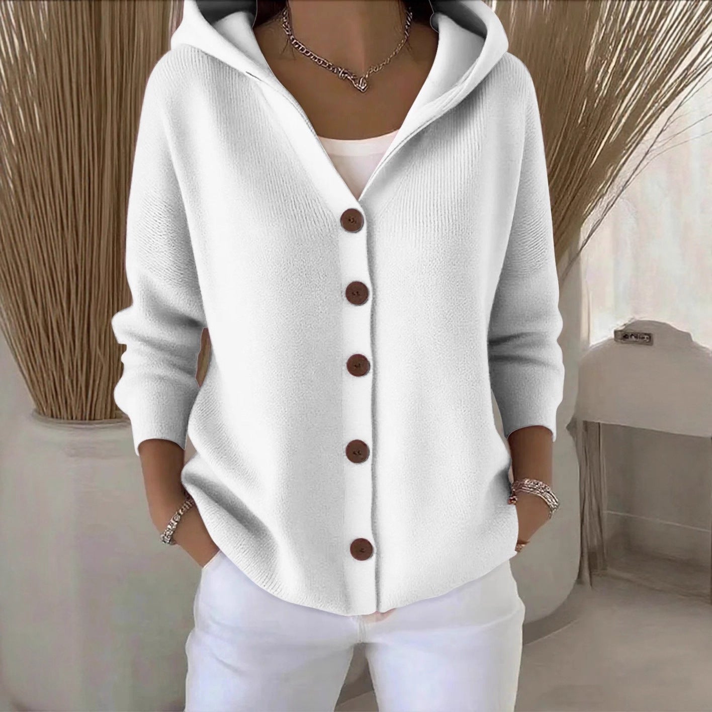 Women's Button-Front Knitted Hooded Cardigan