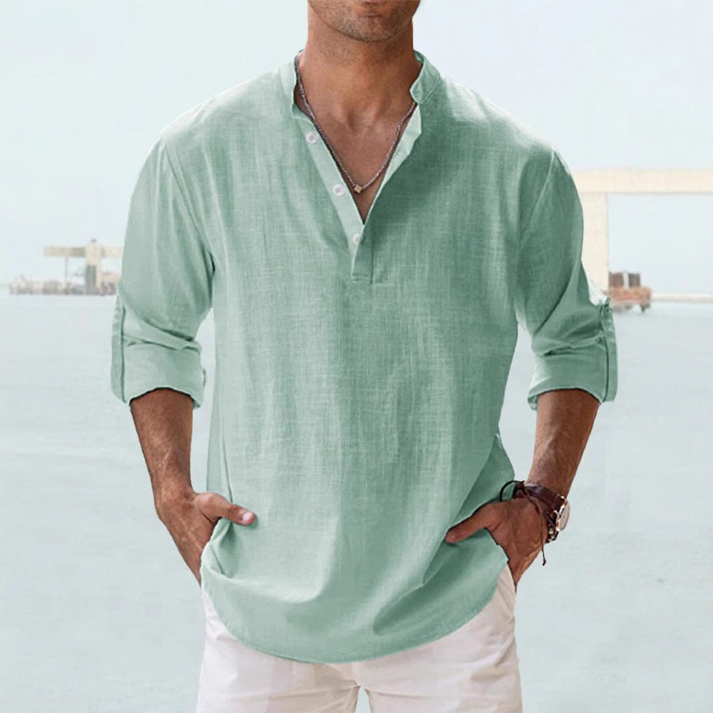 Men's Flax Collar Cotton/ Linen - Long Sleeve Shirt