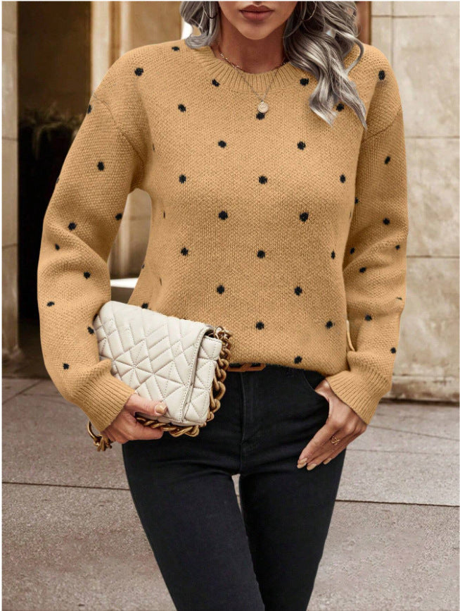 Women’s  Polka Dot Pullover Sweater – Casual Long-Sleeve Knitted Top