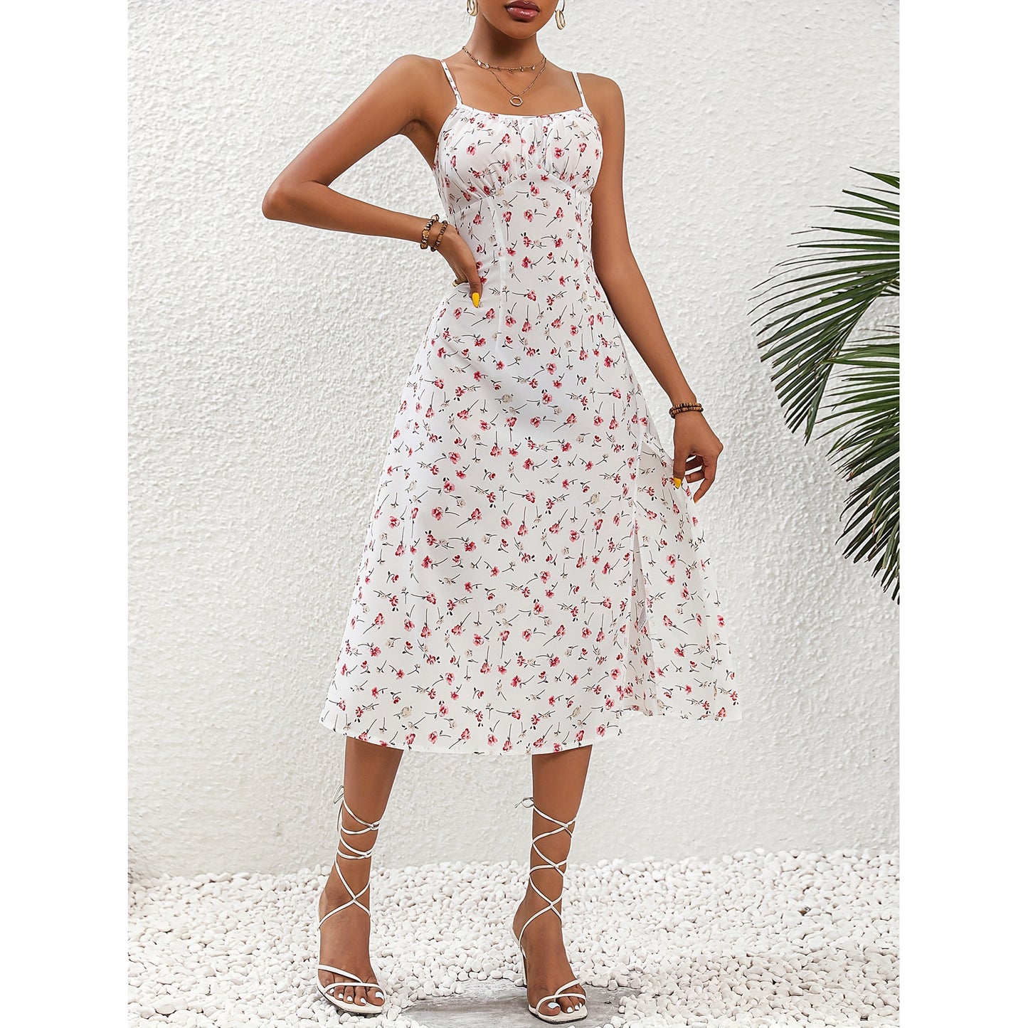 Women’s Polka Dot Suspender Maxi Dress – Split Summer Long Dress
