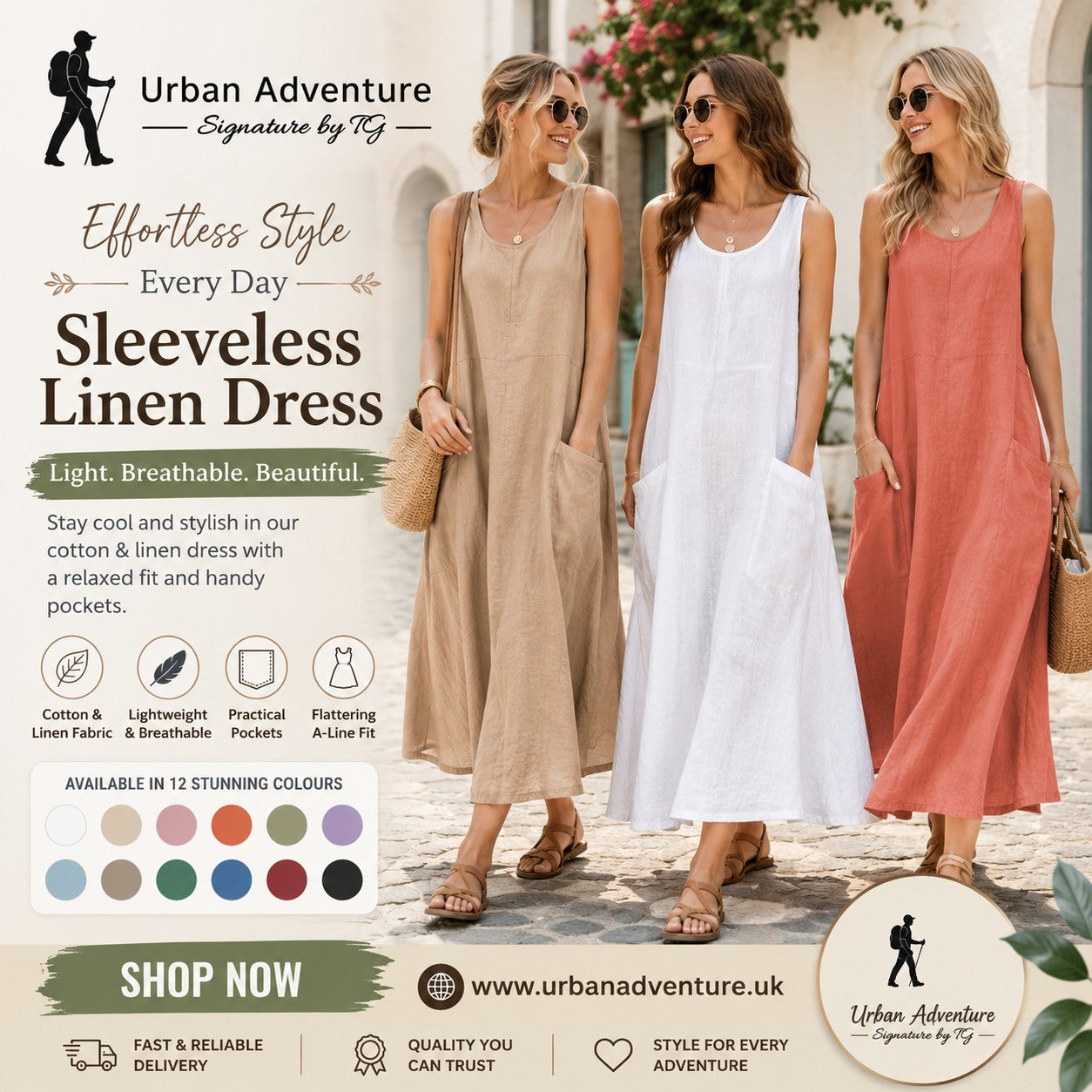 Sleeveless Cotton & Linen A-Line Maxi Dress with Pockets