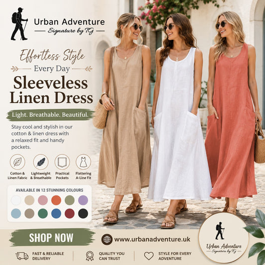 Sleeveless Cotton & Linen A-Line Maxi Dress with Pockets