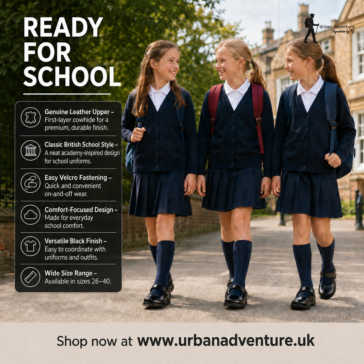 Girls' Genuine Leather British-Style Velcro School Shoes