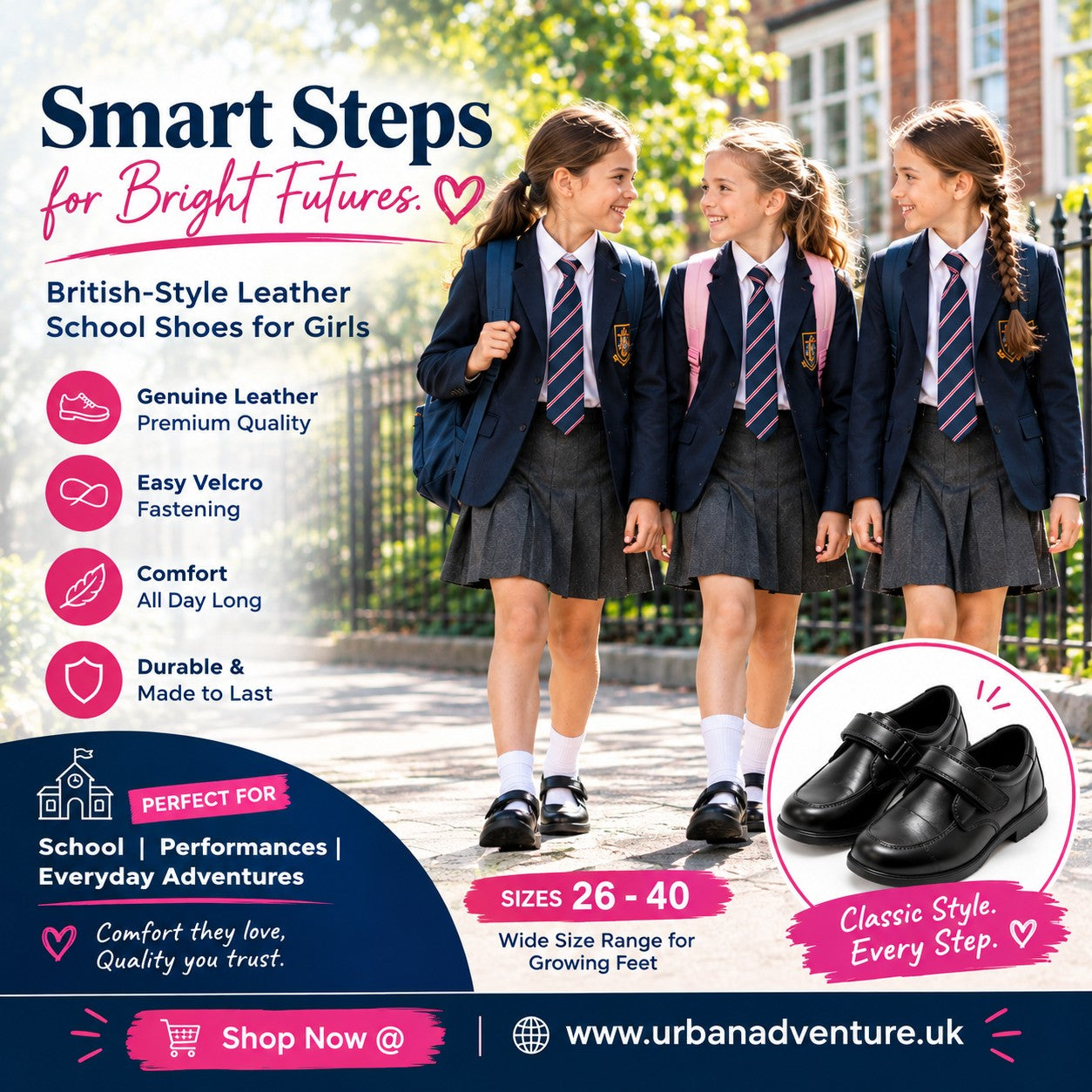 Girls' Genuine Leather British-Style Velcro School Shoes
