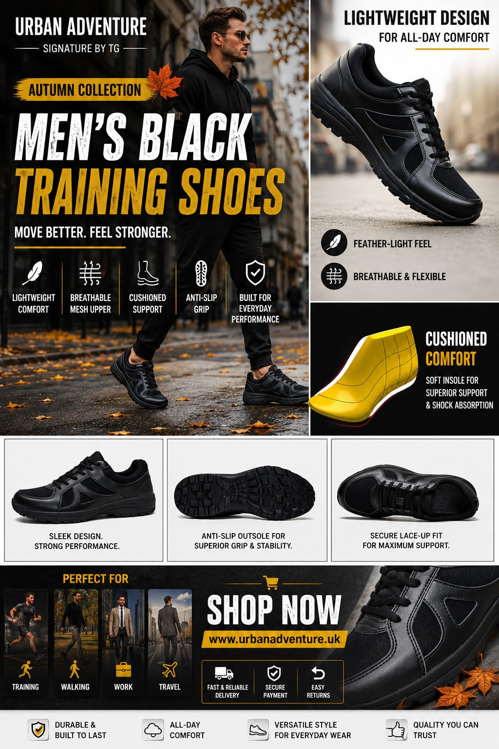 Autumn Men's Black Training Shoes – Lightweight Comfort &amp; Everyday Performance