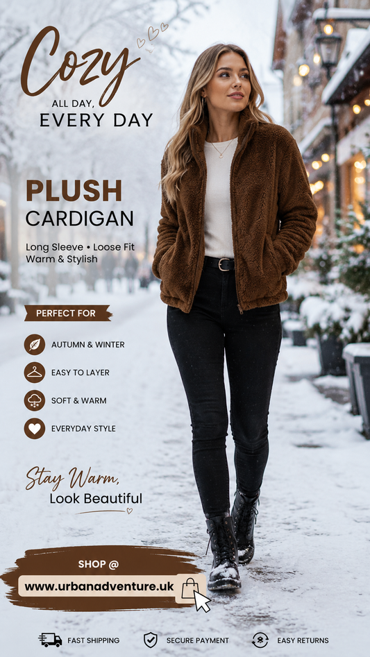 Women's Long Sleeve Plush Fleece Cardigan – Loose Fit Warm Winter Jacket