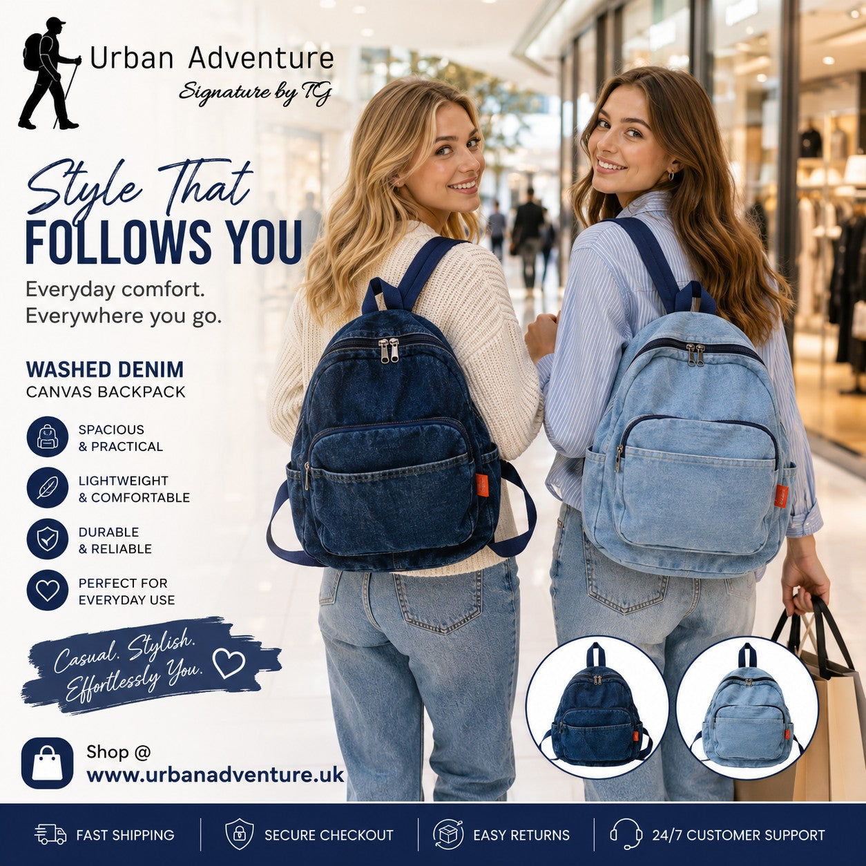 Women's Washed Denim Canvas Backpack | Casual Everyday Travel - School Bag