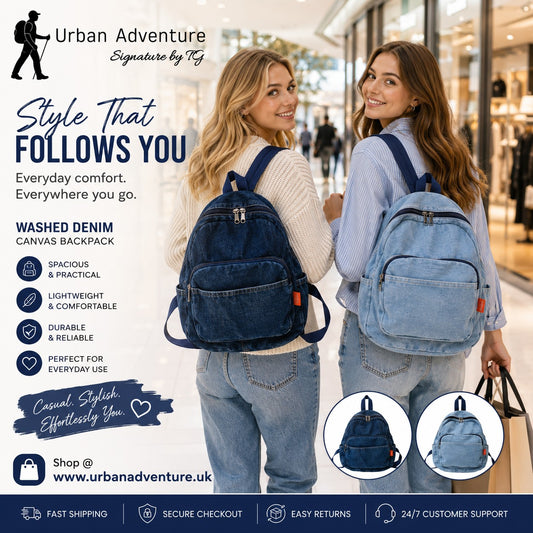 Women's Washed Denim Canvas Backpack | Casual Everyday Travel - School Bag