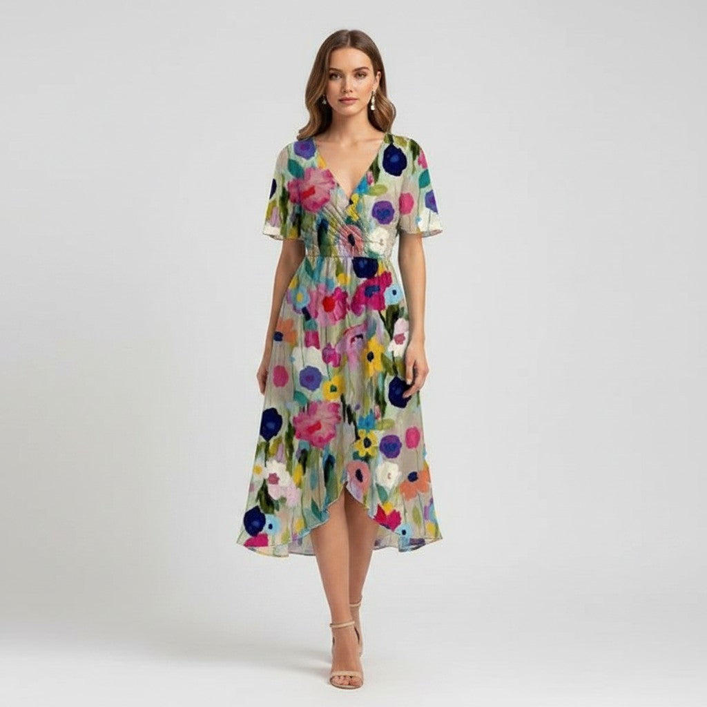 Elegant summer chiffon dress with a flattering V-neck and breezy printed design.