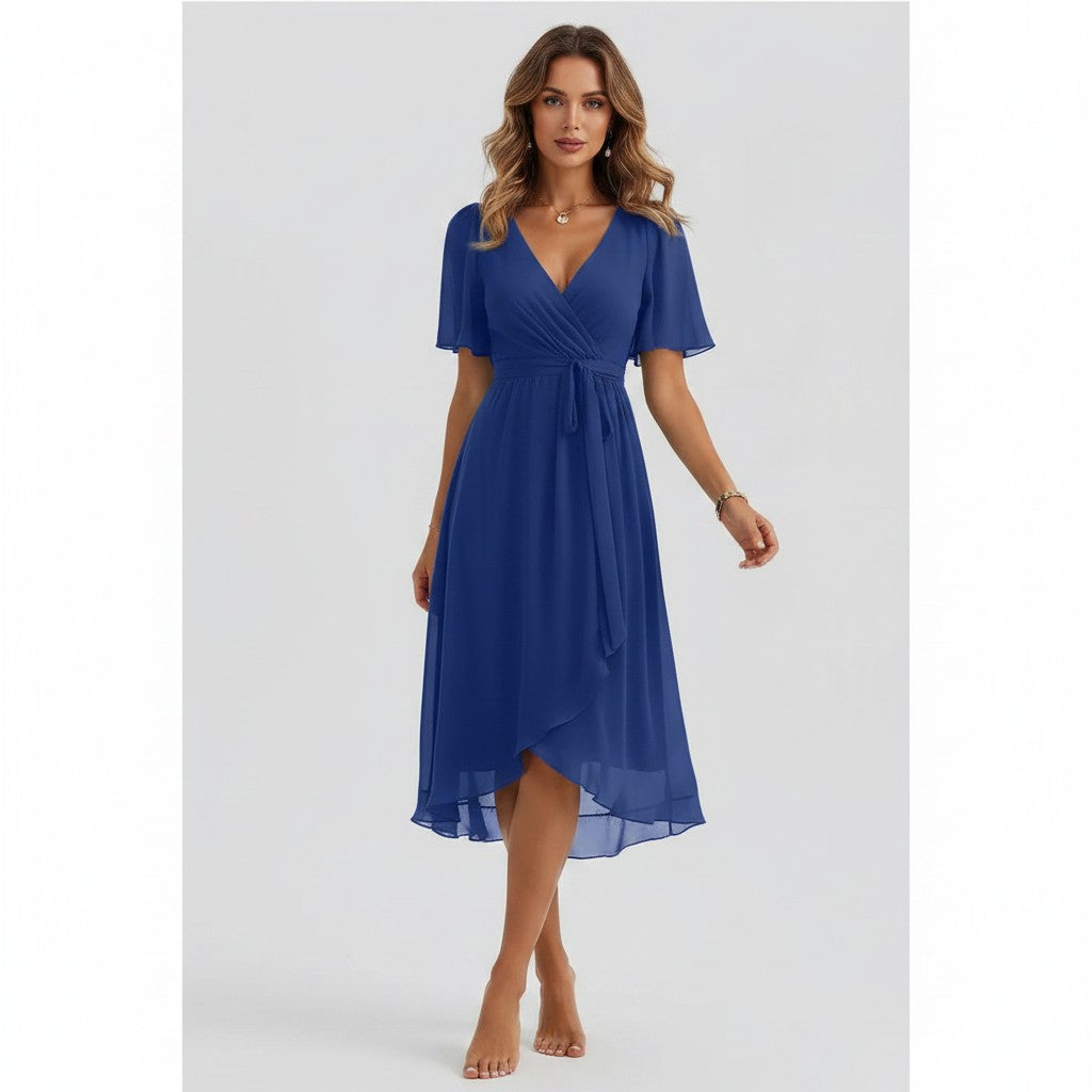 Elegant summer chiffon dress with a flattering V-neck and breezy printed design.