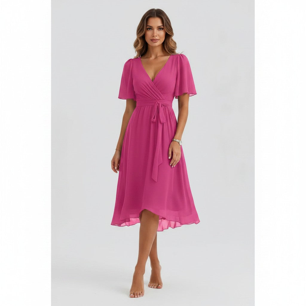 Elegant summer chiffon dress with a flattering V-neck and breezy printed design.