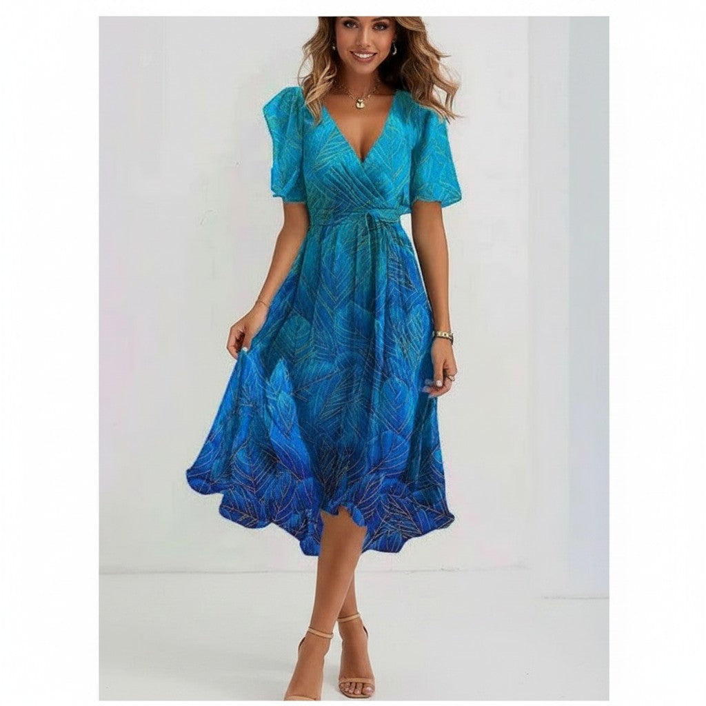 Elegant summer chiffon dress with a flattering V-neck and breezy printed design.