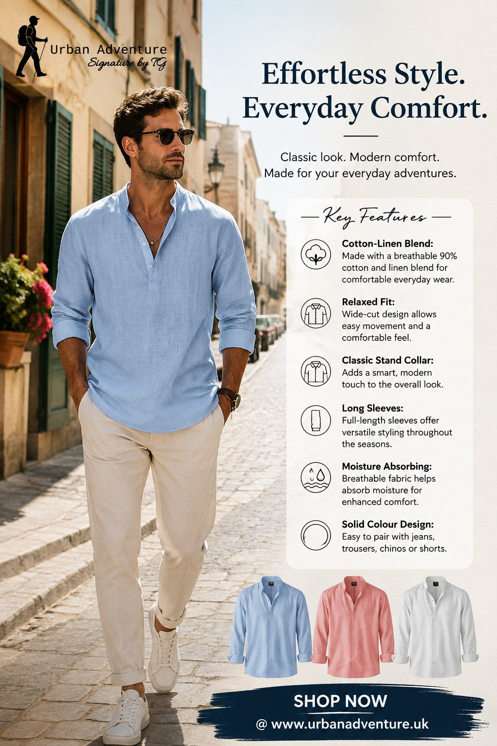 Men's Flax Collar Cotton/ Linen - Long Sleeve Shirt