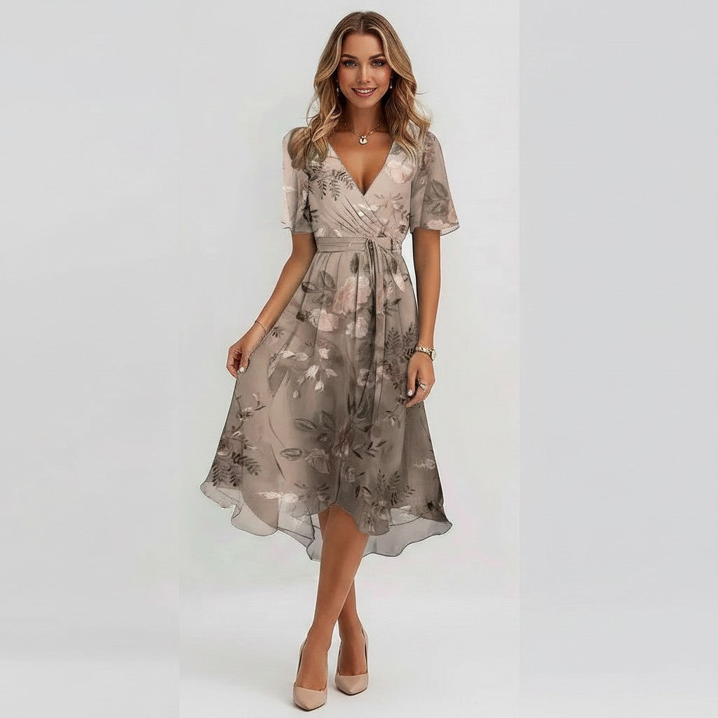 Elegant summer chiffon dress with a flattering V-neck and breezy printed design.