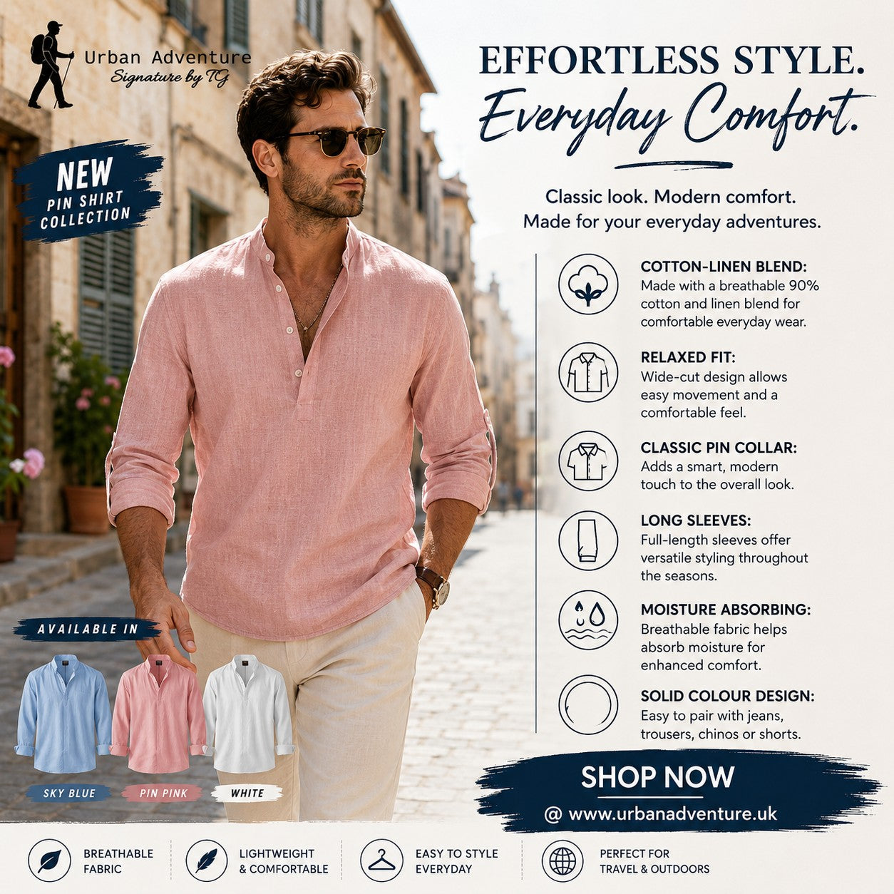 Men's Flax Collar Cotton/ Linen - Long Sleeve Shirt