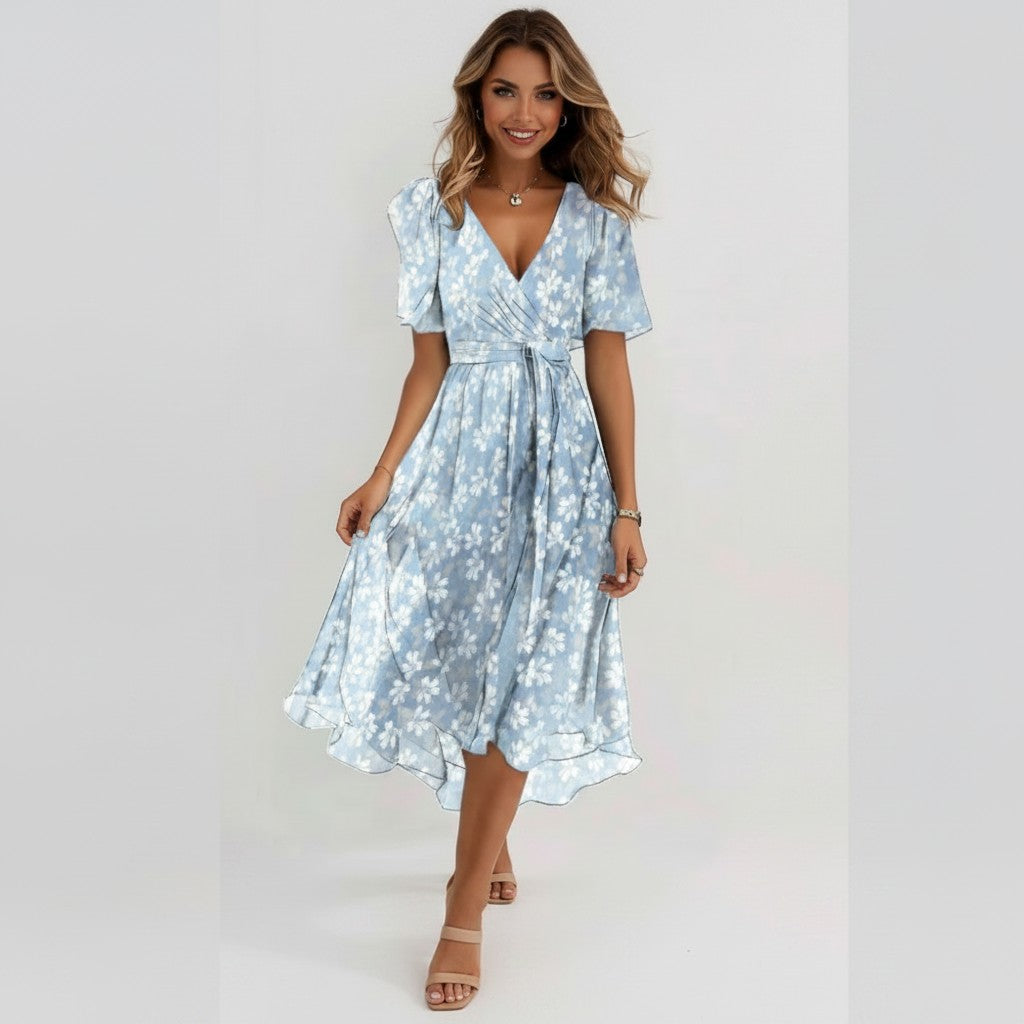 Elegant summer chiffon dress with a flattering V-neck and breezy printed design.