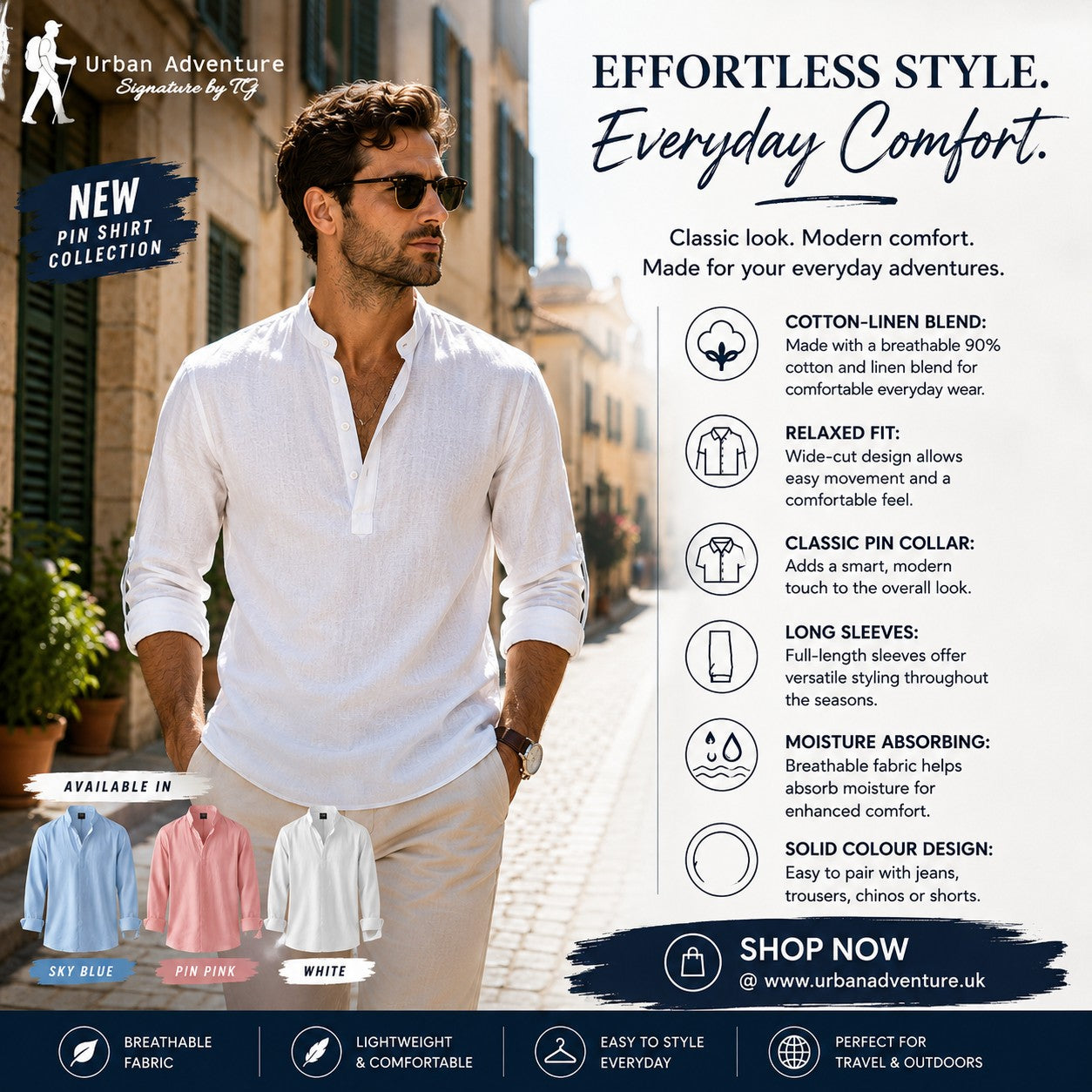 Men's Flax Collar Cotton/ Linen - Long Sleeve Shirt